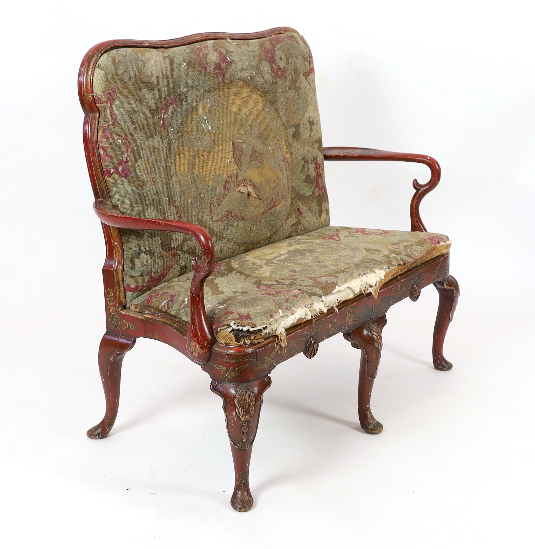 A Queen Anne revival red lacquer settee